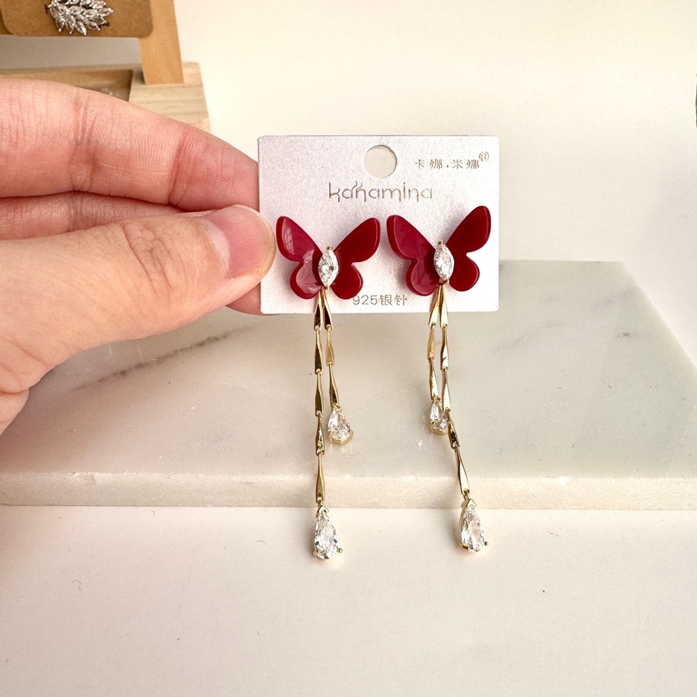 Red Butterfly Dangle Earrings Gold Chain Teardrop Zircon (Mix & Match 2 for $15)